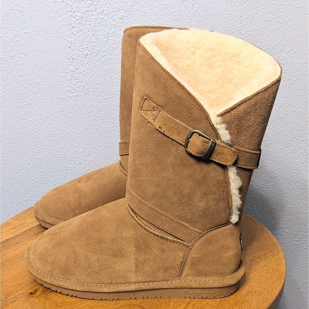 Bearpaw Tatum Women's 10 Suede Winter Boots Mid Calf Buckle Straps Comfort 1255W
